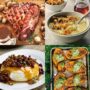 Maple recipes collage featuring glazed ham, parsnip soup, baked brie and maple roasted sweet potatoes
