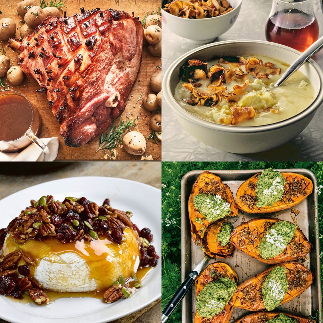 Maple recipes collage featuring glazed ham, parsnip soup, baked brie and maple roasted sweet potatoes