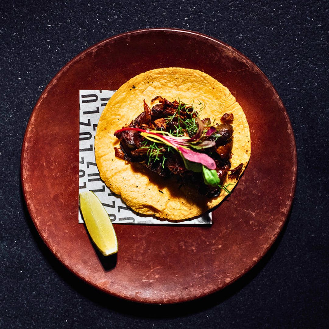 Refined mushroom taco with herbs and lime at Alma restaurant in Montreal