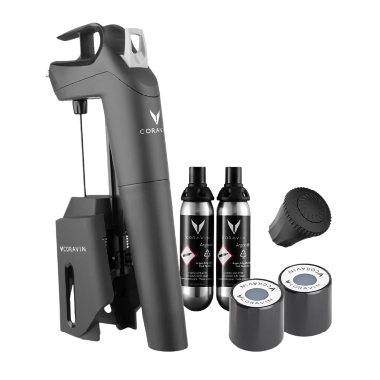 Black wine opener machine with an aerator, black cap and two capsules.