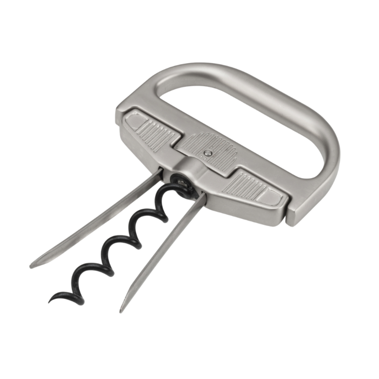 A silver and black corkscrew.
