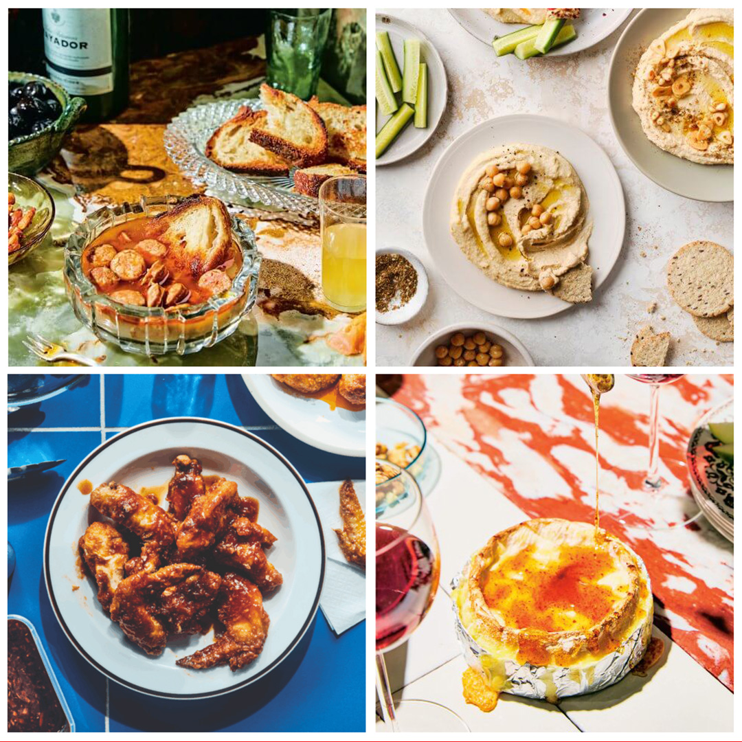 Collage of appetizers including chicken wings, baked brie, hummus and sausages in sauce.