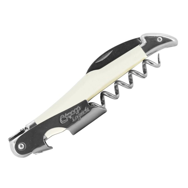 White and silver corkscrew wine opener.