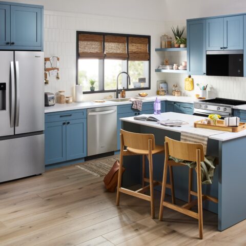 Blue kitchen with Whirlpool smart appliances