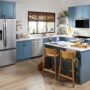 Blue kitchen with Whirlpool smart appliances