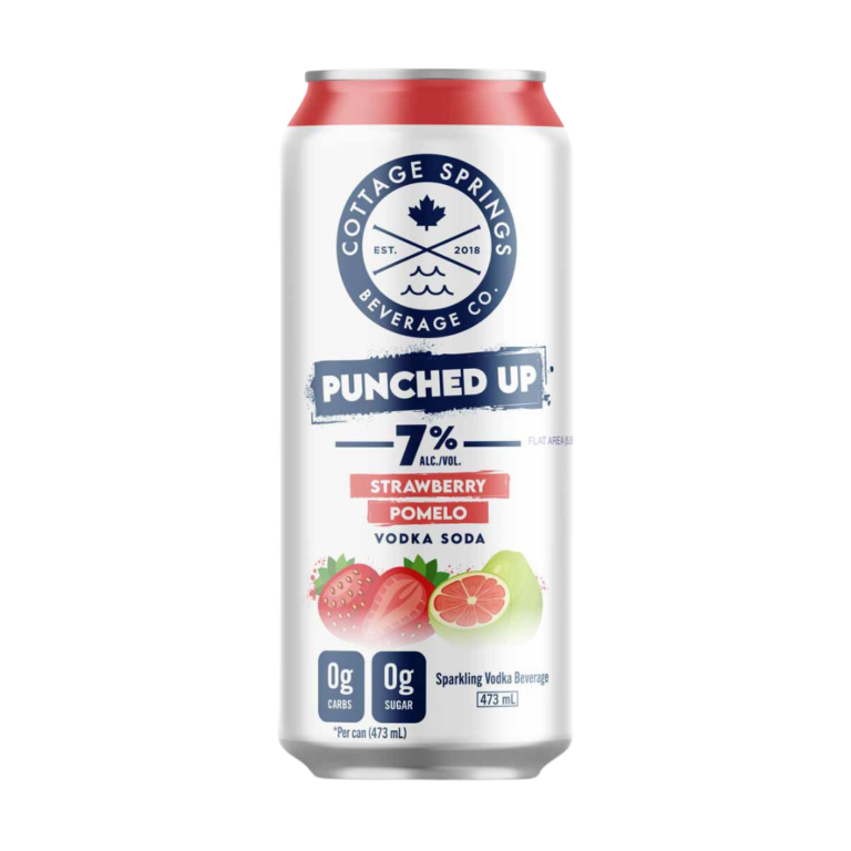White and red can of strawberry pomelo vodka soda canned cocktail.