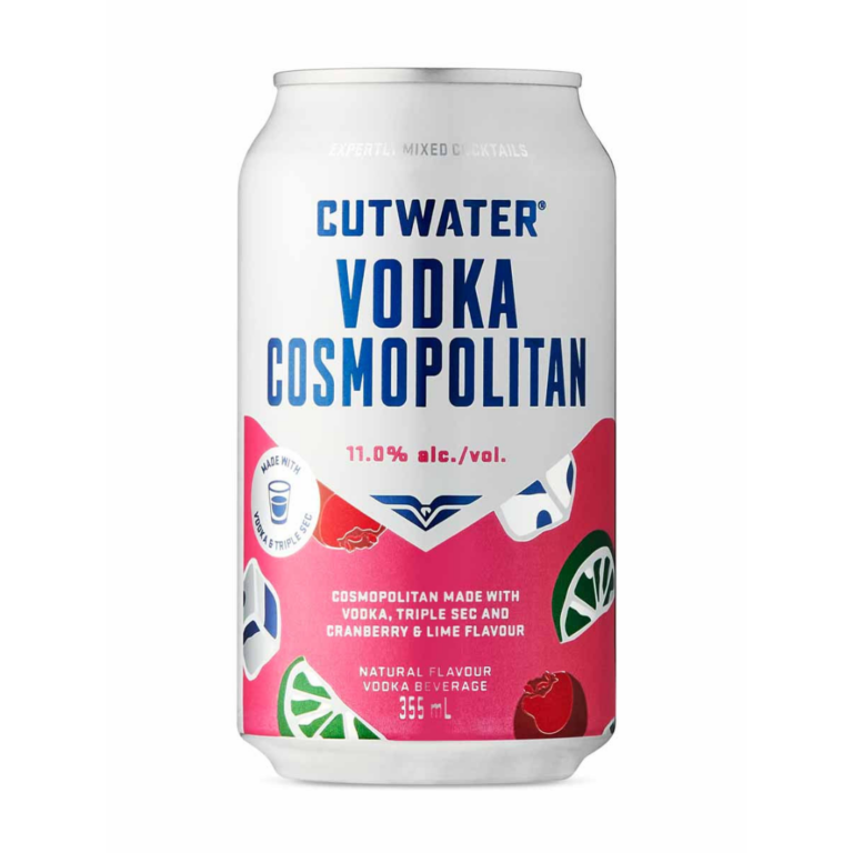 White and red can of vodka cosmopolitan canned cocktail.