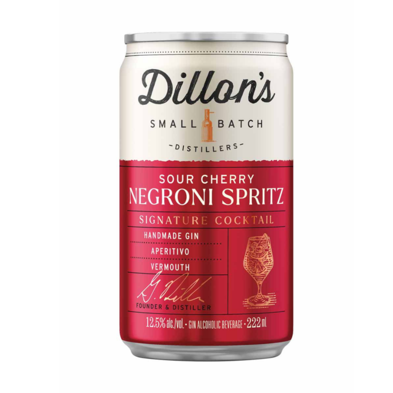 White and red can of sour cherry negroni spritz canned cocktail.