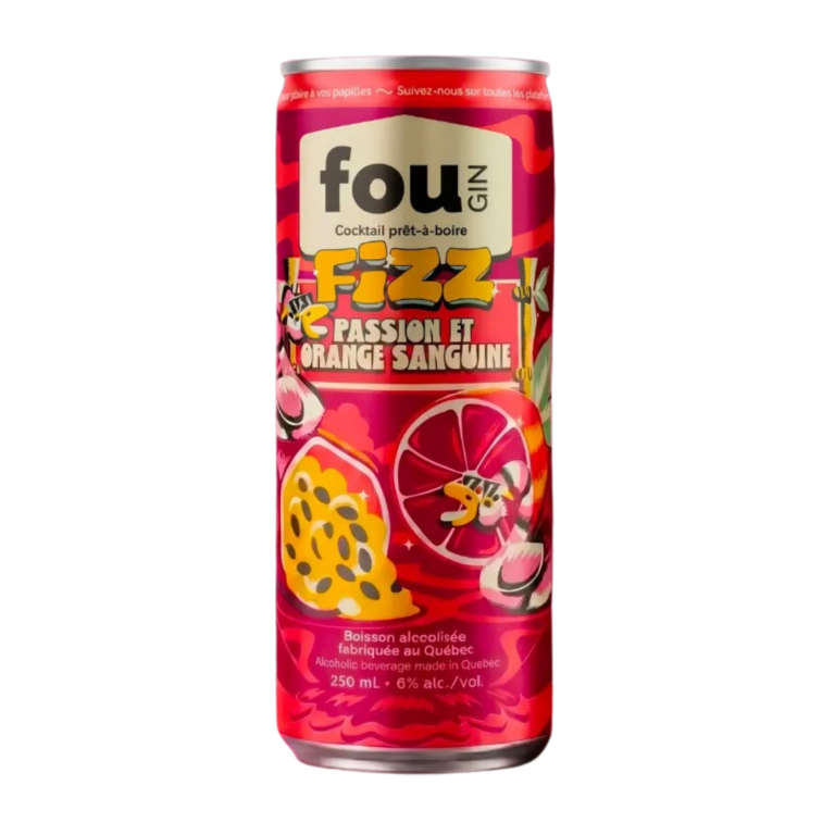 Red can of passionfruit and blood orange canned cocktail.