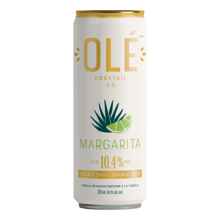White and yellow can of a double shot margarita canned cocktail.