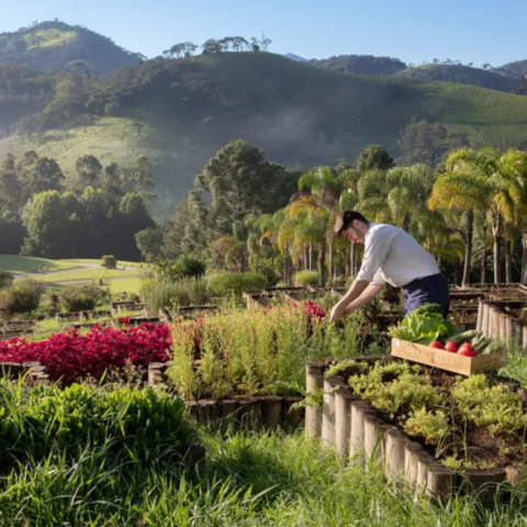 Image of chef working in kitchen garden against mountains in brazil