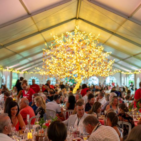 Interior of dining tent full of people seated and a glowing tree in the centre.